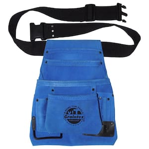 10-Pocket Suede Leather Nail and Tool Pouch with Belt in Blue
