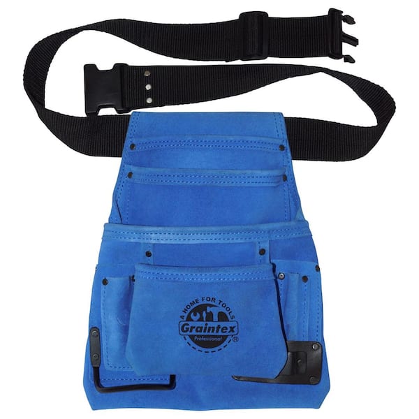 Graintex 10-Pocket Suede Leather Nail and Tool Pouch with Belt in Blue