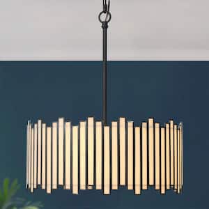 Modern Retro 4-Light Painted Black Ceiling Light Drum Chandelier with Geometric White Stained Glass Shade for Bedroom