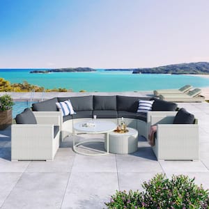 White 9-Piece Wicker Patio Conversation Set Sofa Set with Gray Cushions and Coffee Table