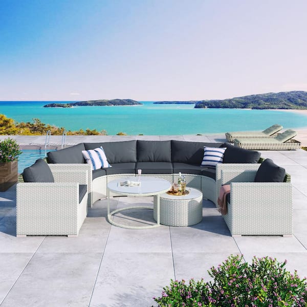 Nestfair White 9-Piece Wicker Patio Conversation Set Sofa Set with Gray Cushions and Coffee Table