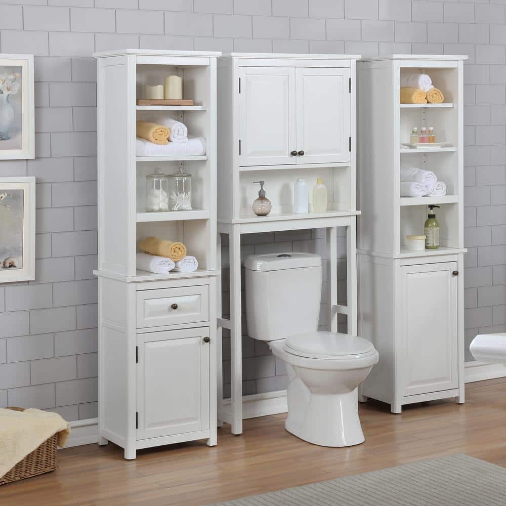 White Wood Adjustable Over-the-Toilet Storage Cabinet with Doors