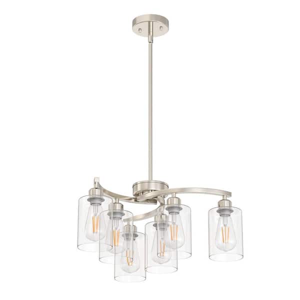 22 in. 6-Light Brushed Nickel Chandelier Adjustable Industrial Pendant Light with Clear Glass for Dining Room Kitchen