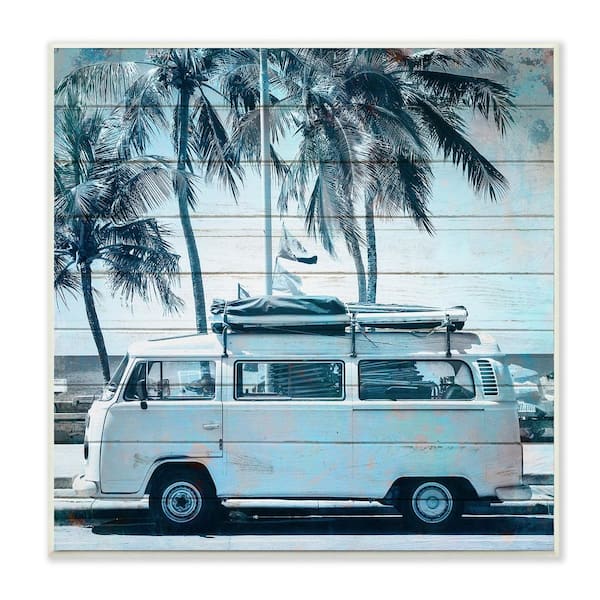 Stupell Industries 12 in. x 12 in. "Blue Tinted Retro Van By the Beach Planked Look" by Kimberly Allen Wood Wall Art