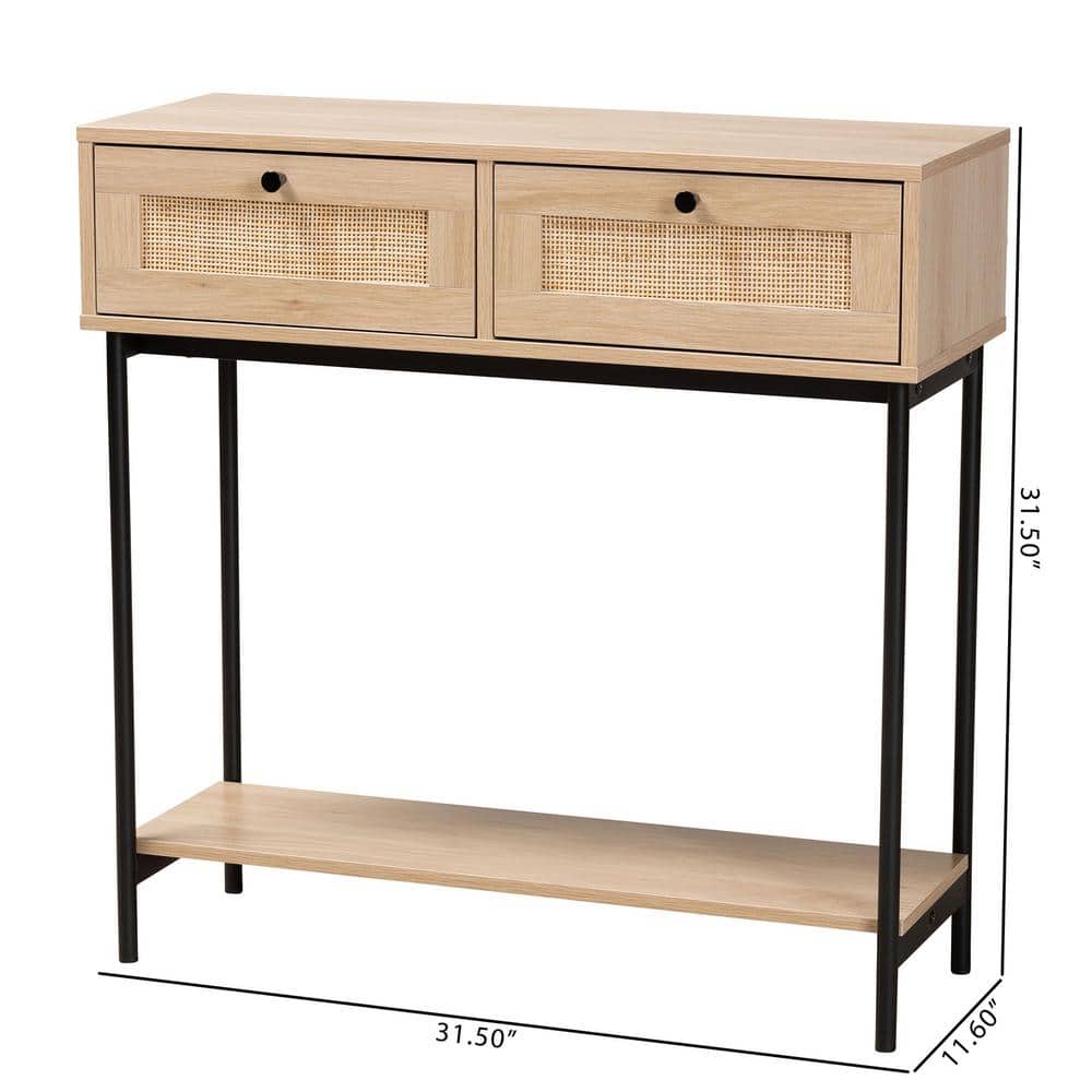 Sherwin Light Brown and Black 2-Drawer Console Table with Rattan Accent