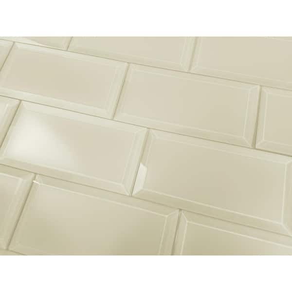 Frosted Elegance Matte Beige Beveled Subway 3 in. x 6 in. Glass Decorative Wall Tile (1.5 sq.ft./case)