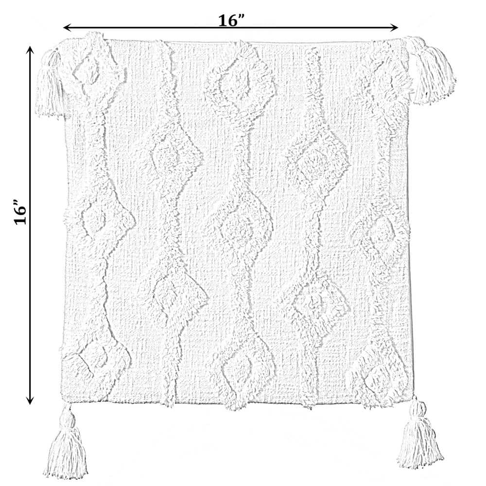 Handwoven Bohemian Tufted Cotton 17" Pillow Cover with Tassel Corners, White