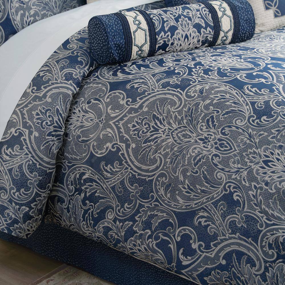 Navy and Ivory Damask Queen Reversible Comforter Set