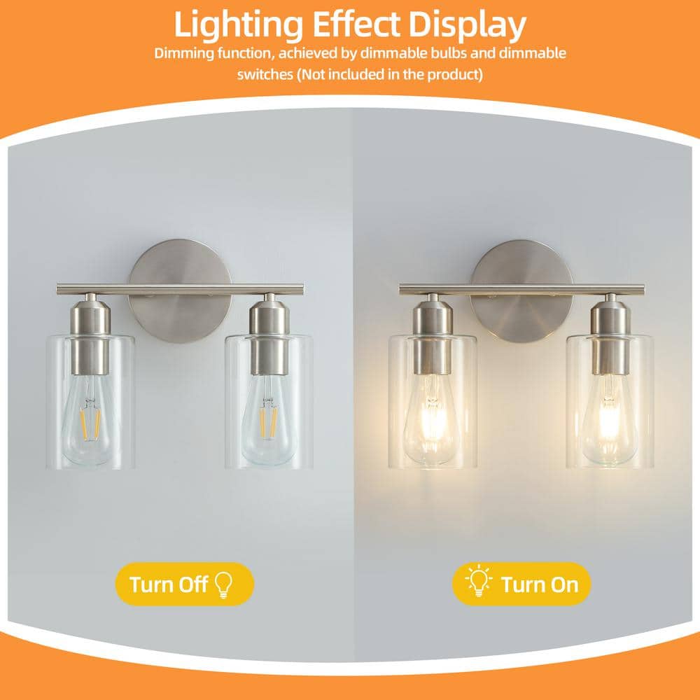 Brushed Nickel 2-Light Vanity Fixture with Clear Glass Shades