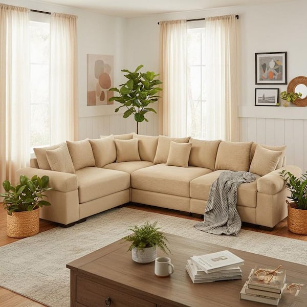 WCLGDJ 116.9 in. Straight Arm 4-Piece Corduroy Modular Sectional Sofa with Ergonomic Design in Soft Ivory