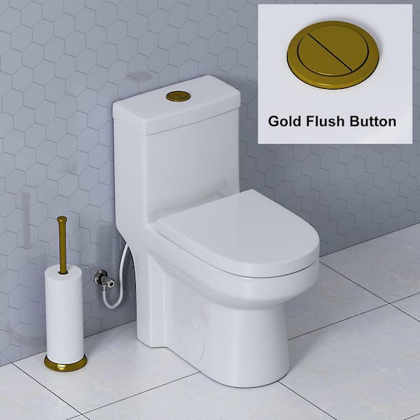 HOROW - 1-piece 0.8/1.28 GPF High Efficiency Dual Flush Round Toilet in White with Seat Included and Brushed Gold Button