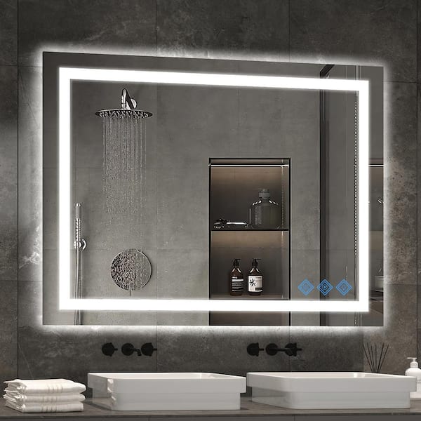 FAMYYT 48 in. W x 36 in. H Rectangular Anti-Fog Dimmable LED Light Frameless Wall Bathroom Vanity Mirror in Silver