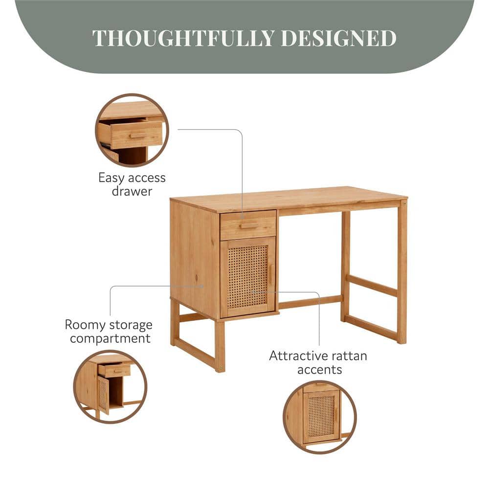 Natural Wood Writing Desk with Drawer and Filing Cabinet