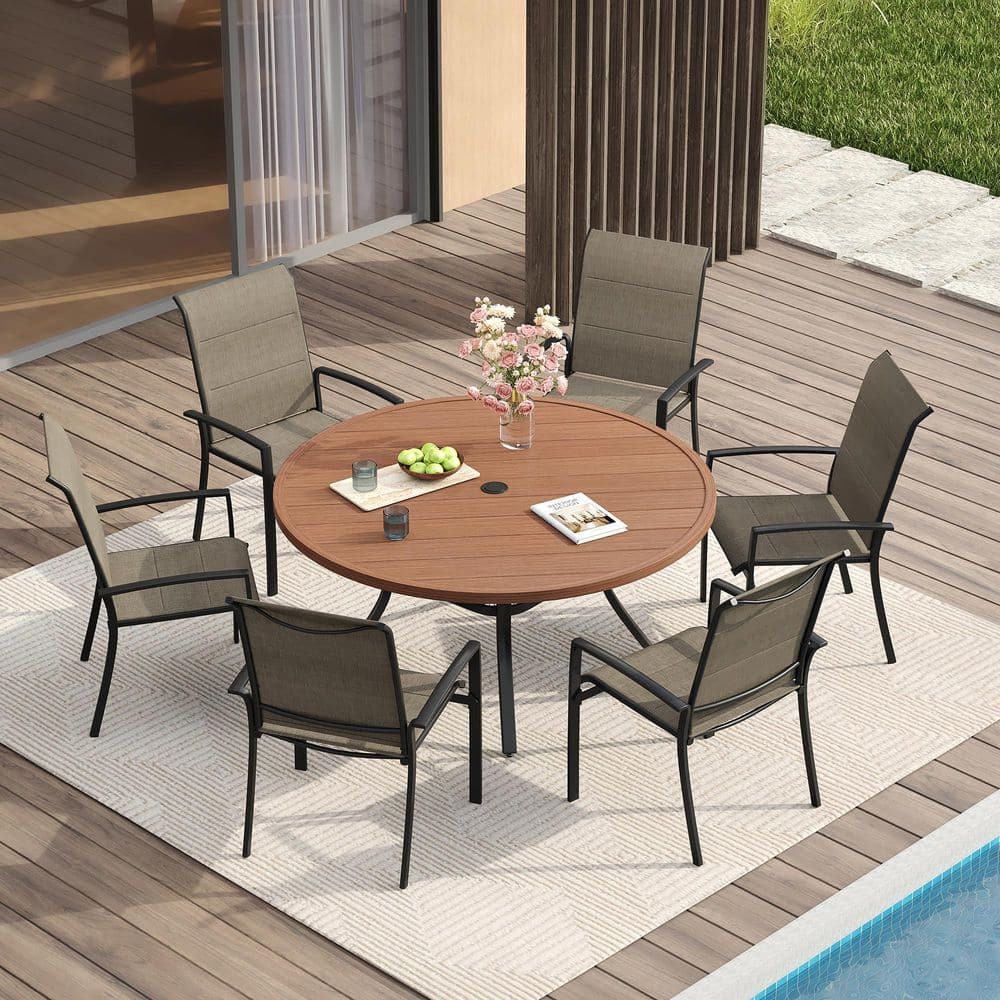 7 Piece Metal Patio Dining Set with 47.2 in. Walnut Round Slatted Table and 6 Stackable Textilene Dining Chairs in Brown