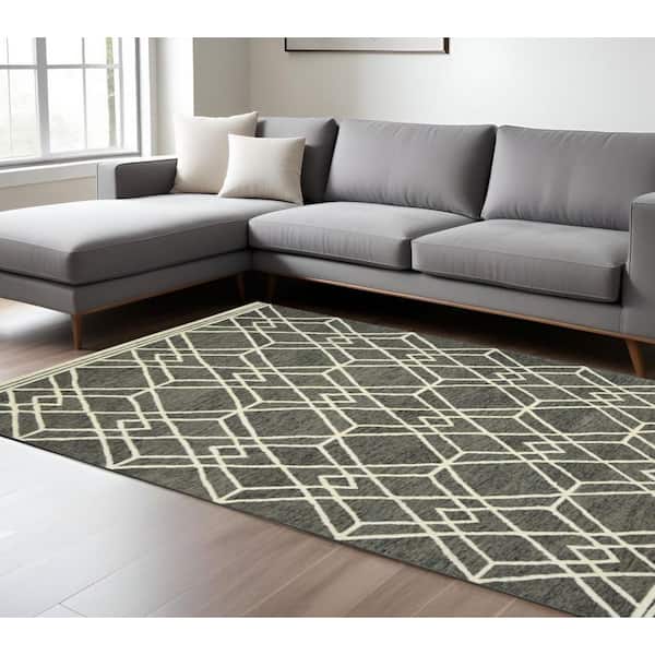 9 ft. x 13 ft. Dark Gray and Ivory Wool Geometric Hand Hooked Area Rug