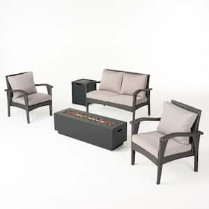 Kahala Grey 5-Piece Faux Rattan Patio Fire Pit Seating Set with Light Grey Cushions