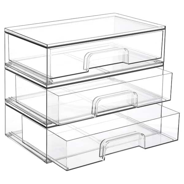 3-Piece 12.1 in. W Clear Acrylic Plastic Stackable Storage Drawers for Makeup Palettes, Cosmetics, and Beauty Supplies