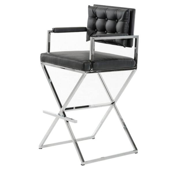 Benjara 30 in. Black High Back Metal Frame Bar Stool with Leather Seat