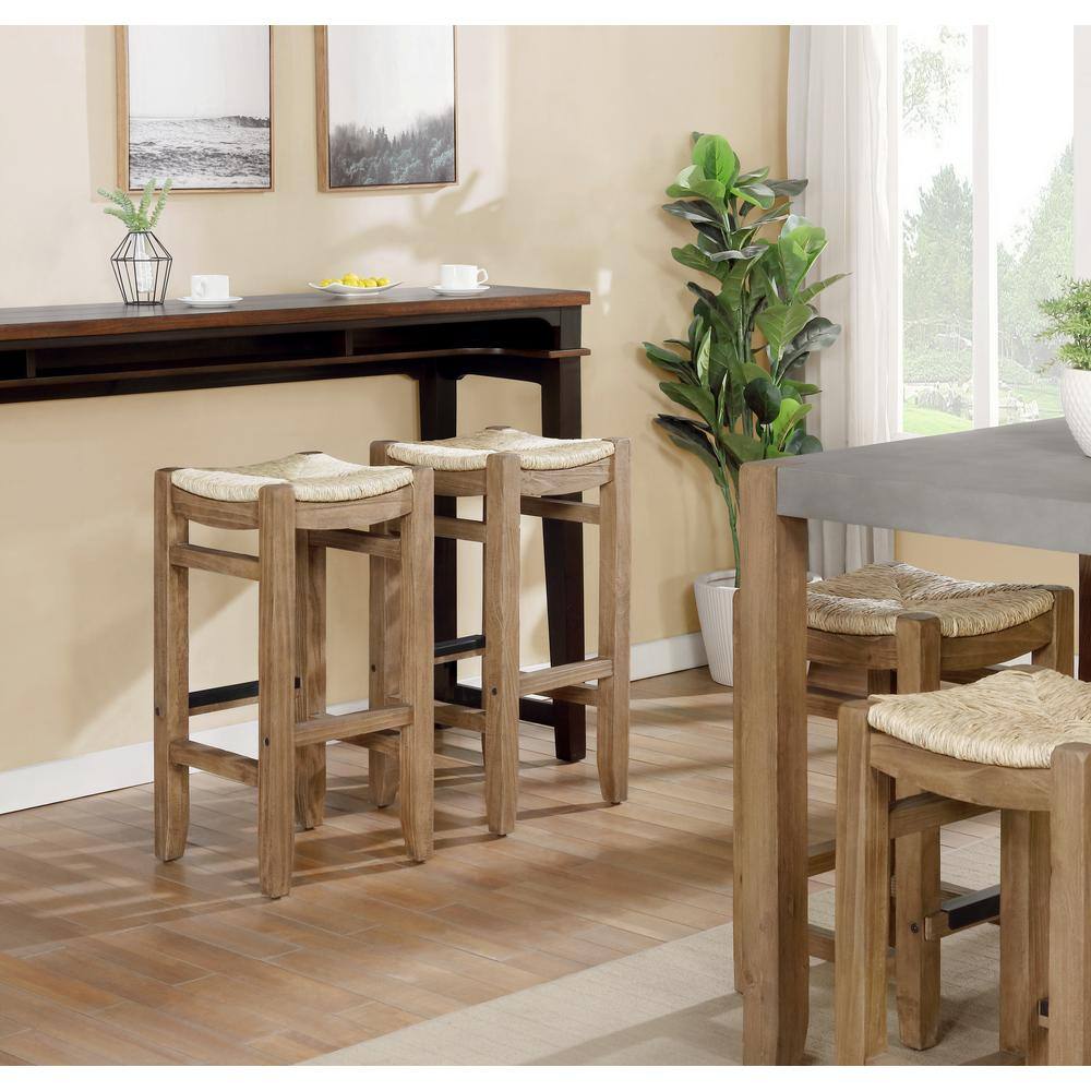 Rustic Industrial 30" Brown Wood Barstool with Rush Seat
