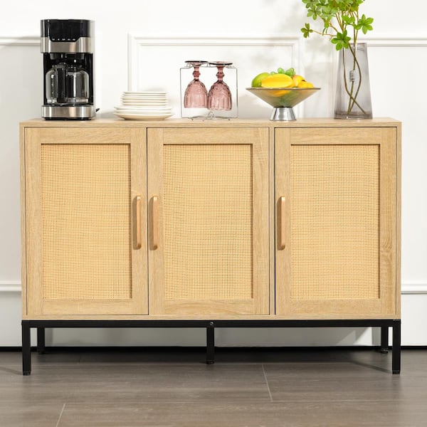JEAREY Natural Wood 47.24 in. W Rattan Contemporary Storage Sideboard with Adjustable Legs