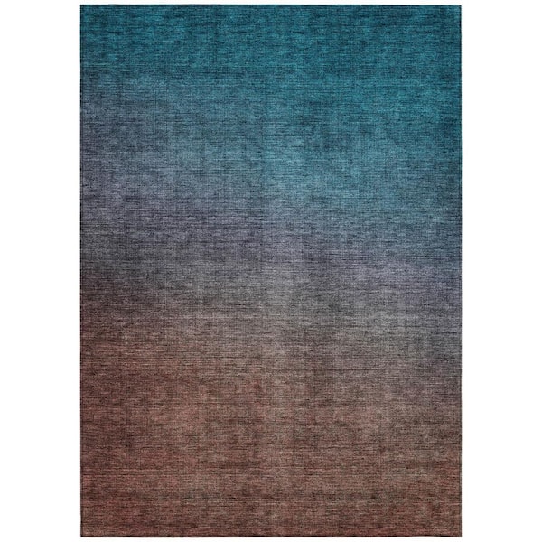 Teal Blue, Chocolate, Charcoal 5 ft. x 8 ft. Woven Abstract Polyester Rectangle Indoor / Outdoor Area Rug