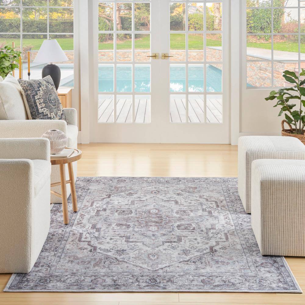 Ivory Beige Floral Cotton Chenille Rectangular 4' x 6' Rug