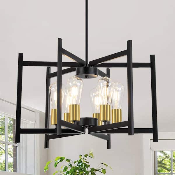 ZSMIHDOH 6-Light Black and Gold Candle-Style Geometric Square / Rectangle Chandeliers for Kitchen Island with No Bulbs Included