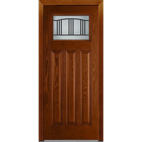 MMI Door 36 in. x 80 in. Madison Right-Hand Inswing Craftsman 1/4-Lite Decorative Stained Fiberglass Oak Prehung Front Door