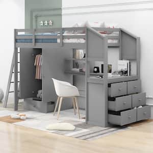 Gray Twin Loft Bed with Wardrobe, 7-Drawers and Attached Desk with Shelves