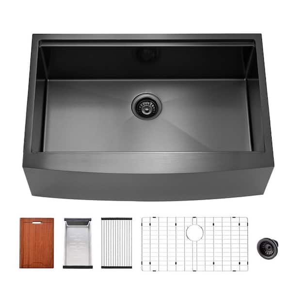 33 in. Handmade Farmhouse/Apron-Front Single Bowl 16-Gauge Gunmetal Black Stainless Steel Kitchen Sink with Accessories
