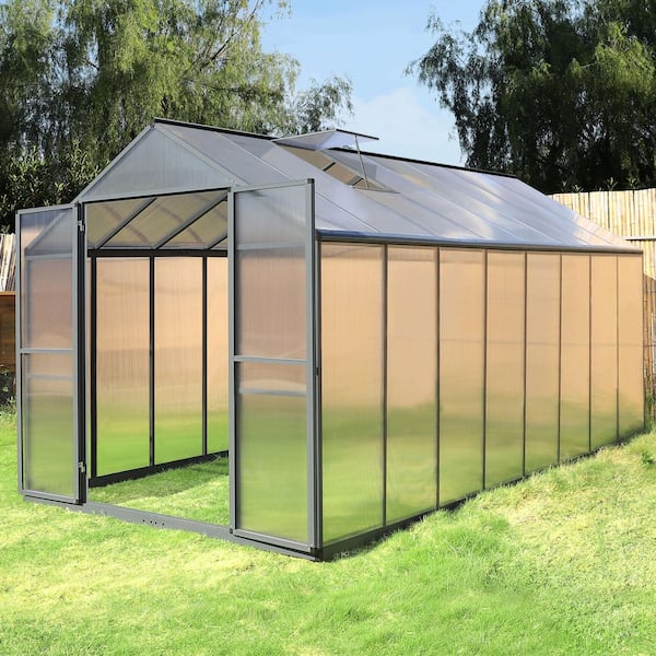 VEIKOUS 8 ft. x 16 ft. Walk-In Garden Grey Greenhouse with Adjustable Roof Vent