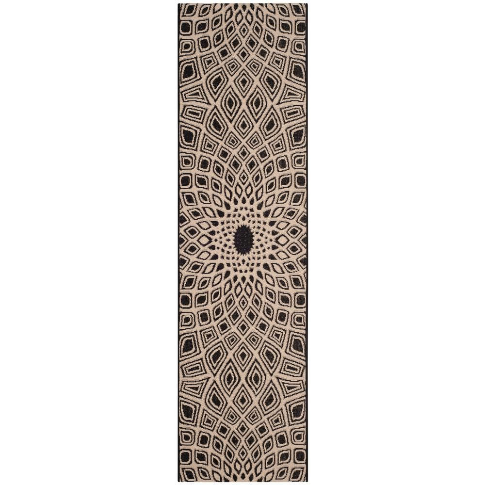 SAFAVIEH Courtyard Black/Beige 2 ft. x 8 ft. Geometric Indoor/Outdoor ...