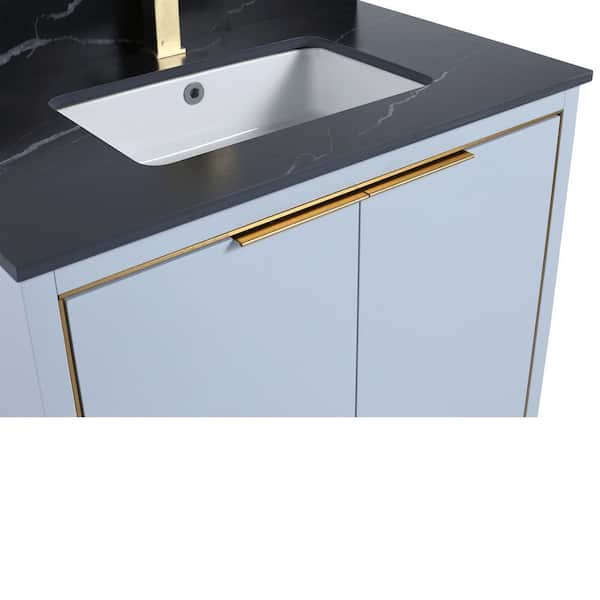 FINE FIXTURES Opulence 30 in. W x 18 in. D x 33.5 in. H Bath Vanity in Pastel Blue with Black Marble Single sink Top