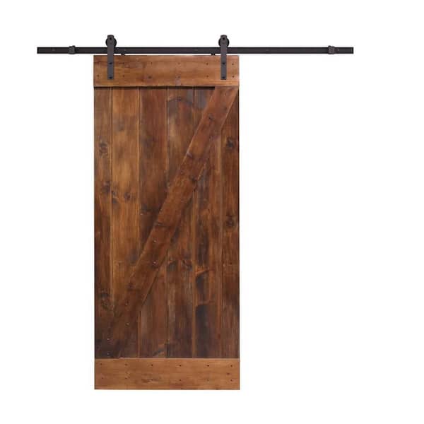 30 in. x 84 in. Z-Bar Walnut Assembly Required Wood Sliding Barn Door with Sliding Door Hardware Kit