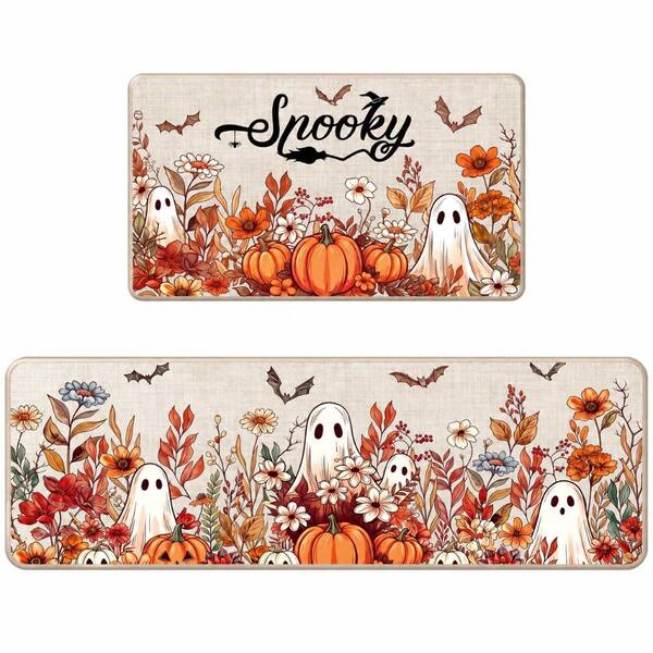 Pumpkin Ghost Floral Polyester Kitchen Mat Set, Low-Pile Machine-Made, Halloween Rug Set for Kitchens