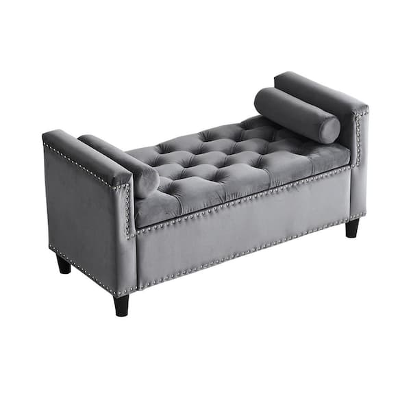 CSC DECOR INC Gray Velvet Dining Bench 44.5 in. Button Bedside Storage Bench with Armrests, Nailhead Trim Upholstered Bedroom Bench