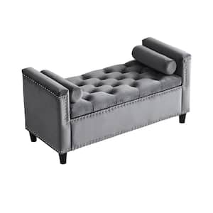 Gray Velvet Dining Bench 44.5 in. Button Bedside Storage Bench with Armrests, Nailhead Trim Upholstered Bedroom Bench