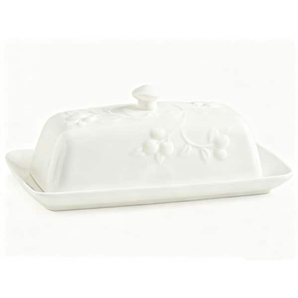 4 oz. White Ceramic Butter Dish with Cherry Pattern and Lid for Countertop, White Butter Tray with Handle