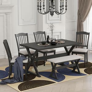 6-Pcs Gray Rustic Rectangle Wood Dining Set with 4 Upholstered Chairs and Bench