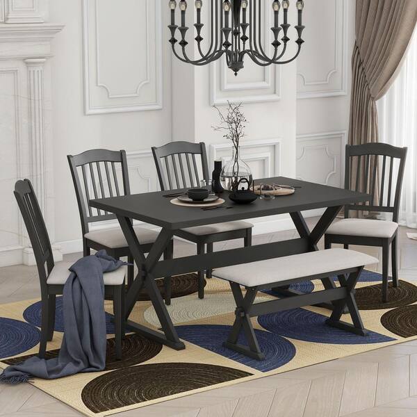 Harper & Bright Designs 6-Pcs Gray Rustic Rectangle Wood Dining Set with 4 Upholstered Chairs and Bench