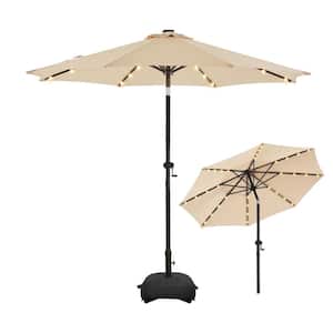 9 ft. Aluminum Solar Led Market Umbrella Outdoor Patio Umbrella with Base and LED Lights in Beige