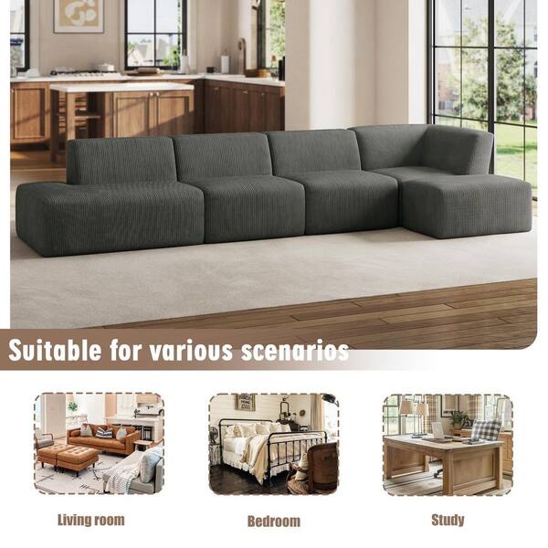 Uixe 155.75 in. Modern Square Arm 5-Piece Corduroy Modular Free