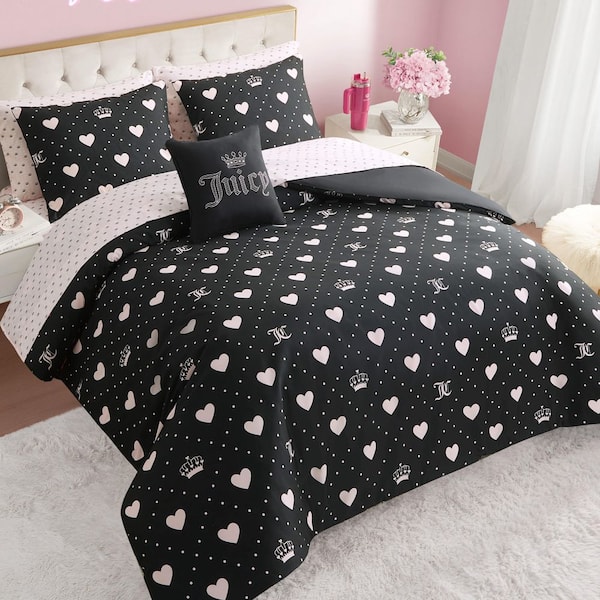 Heart Diamonds 8-Piece Black Novelty Polyester Queen Bed in a Bag Comforter Set