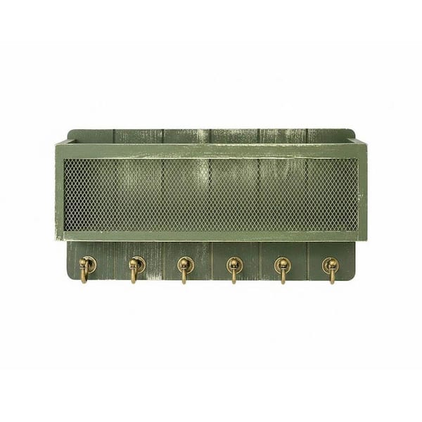13 in. W x 3.5 in. D Green Wood Decorative Wall Shelf Key Holder with Storage Basket and 6 Key Hooks