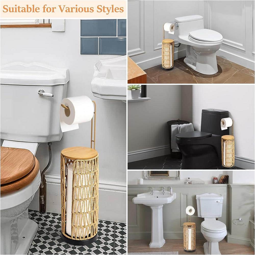 Brown Wicker Freestanding Toilet Paper Holder with Storage