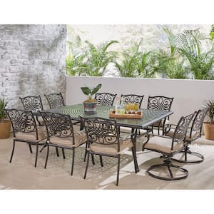 Traditions 11-Piece Aluminum Outdoor Dining Set with 4 Swivel Rockers and Tan Cushions