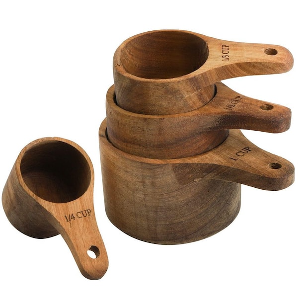 4-Piece Acacia Wood Measuring Cups, Stackable Kitchen Measure Tool with Handle, Handcrafted with Polish Finish