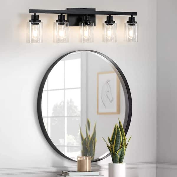 31 in. W 5-Lights Black Vanity Lighting Fixture Rustic Wall Sconces for Bathroom Over Mirrors, E26, No Bulbs Included