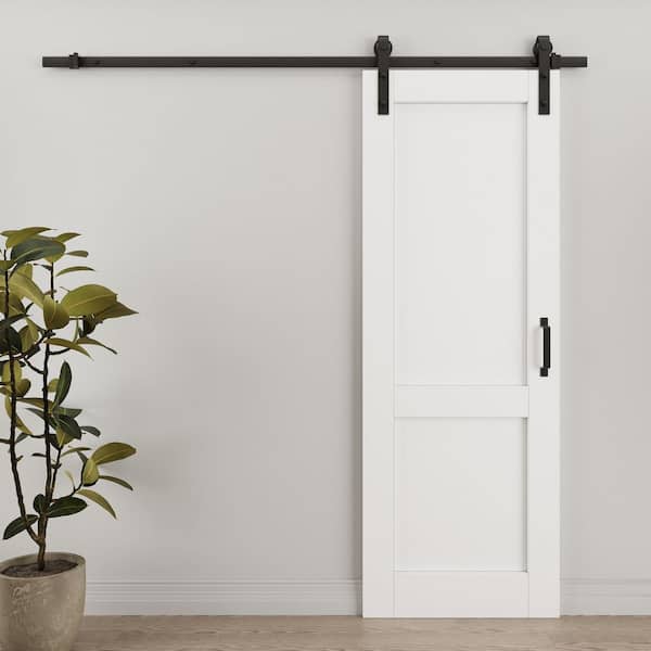 28 in. x 80 in. Paneled 2 Lite White Primed Solid Core MDF Sliding Barn Door with Hardware Kit