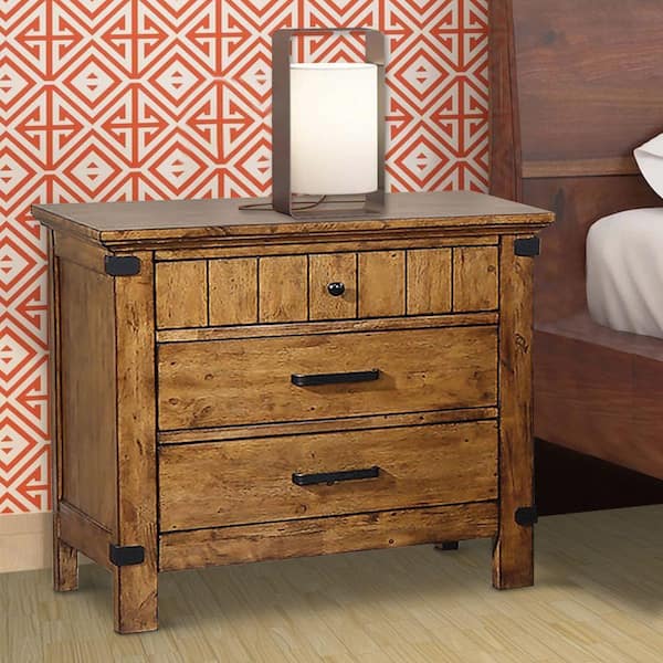 Benjara 3-Drawer Wooden Warm Honey Brown Nightstand (17.25 in. L x 28 in. W x 28 in. H )